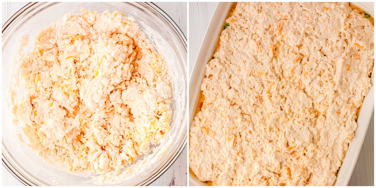 Cheddar biscuit dough mixed in bowl and spread over creamy chicken pot pie filling in 9x13 baking dish.