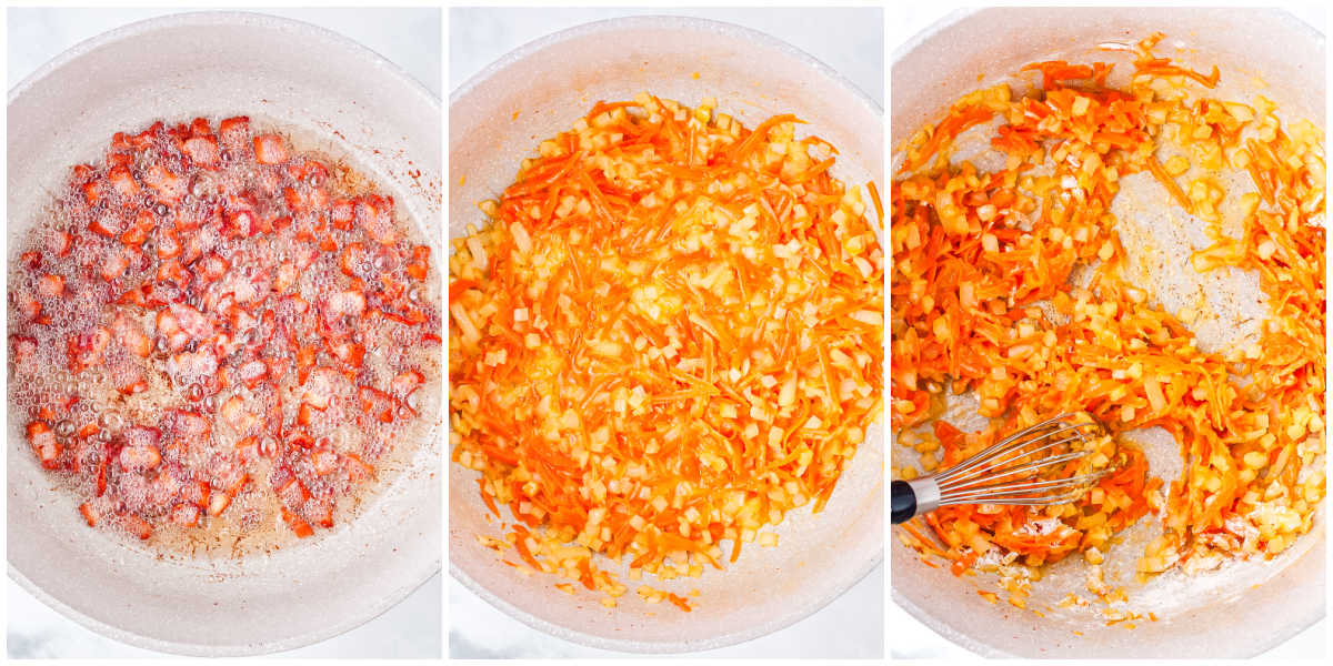 A split image showing the cooking process: chopped bacon crisping in a large pot on the left, and onions, carrots, and garlic saut&eacute;ing in the rendered bacon fat on the right.
