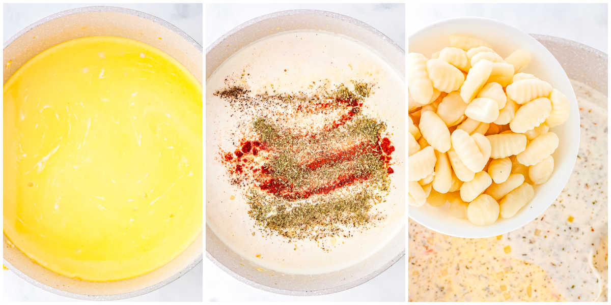 Two process shots showing the soup base: flour being stirred into the vegetables to make a roux, next to the chicken broth and cream being whisked into the pot.