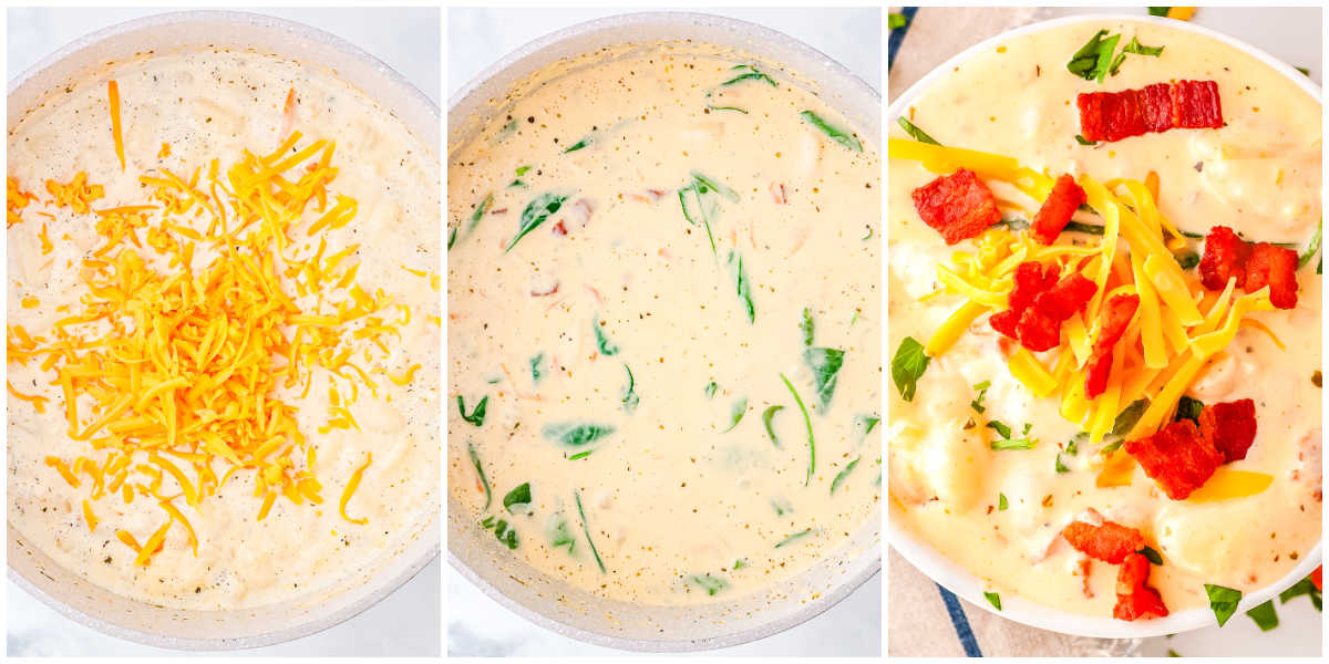 A collage showing the final steps: raw gnocchi and cannellini beans being added to the simmering soup, followed by shredded cheddar cheese melting into the rich base.