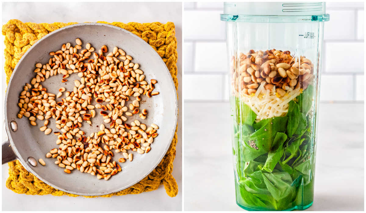 A collage showing the first steps of toasting pine nuts in a skillet and adding fresh basil, toasted pine nuts, Parmesan, and lemon juice into a blender.