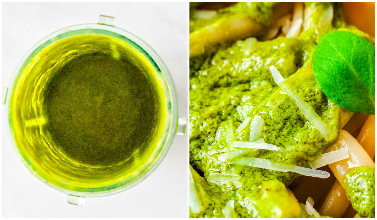 A collage showing the smooth and bright green blended pesto inside the blender next to the finished sauce tossed with pasta and topped with Parmesan cheese.