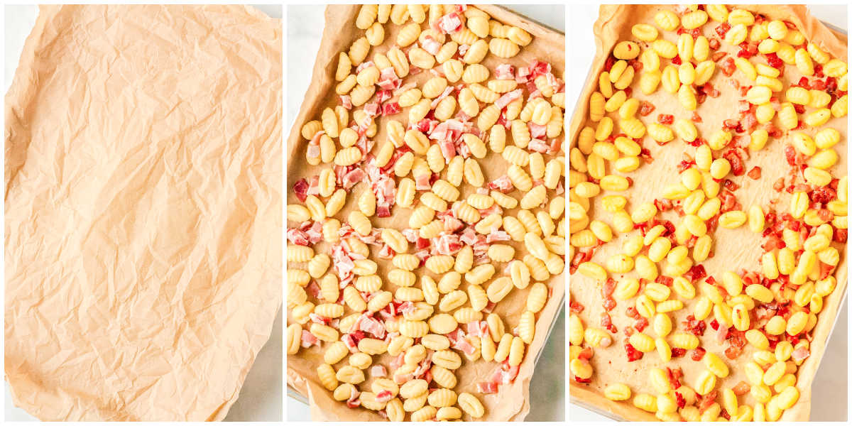 Step by step collage showing parchment lined sheet pan, gnocchi and pancetta before roasting, and golden crispy gnocchi after roasting.