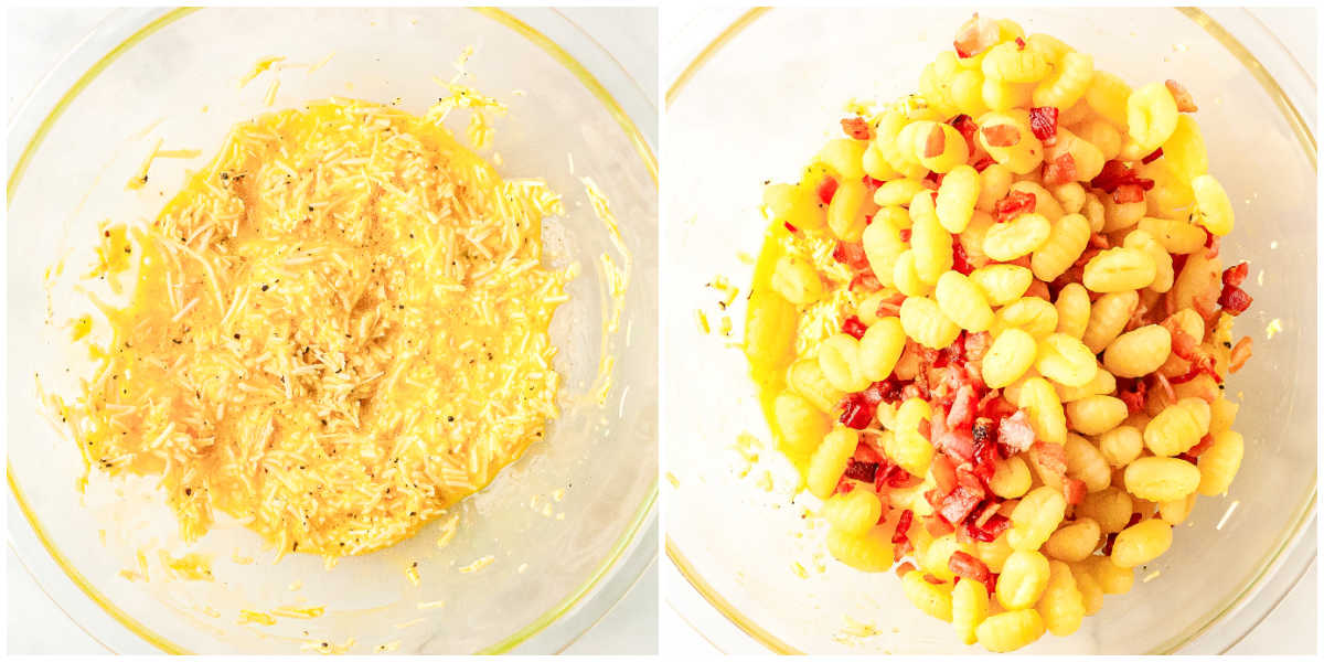 Process collage showing egg yolks, whole eggs, grated cheeses, and black pepper whisked in a bowl, then hot roasted gnocchi and pancetta added to the mixture.