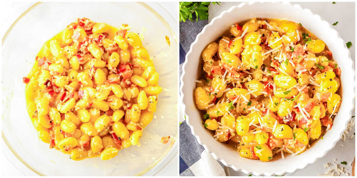 Process collage showing gnocchi tossed with egg and cheese mixture forming a glossy carbonara sauce, alongside the finished dish in a white serving bowl.