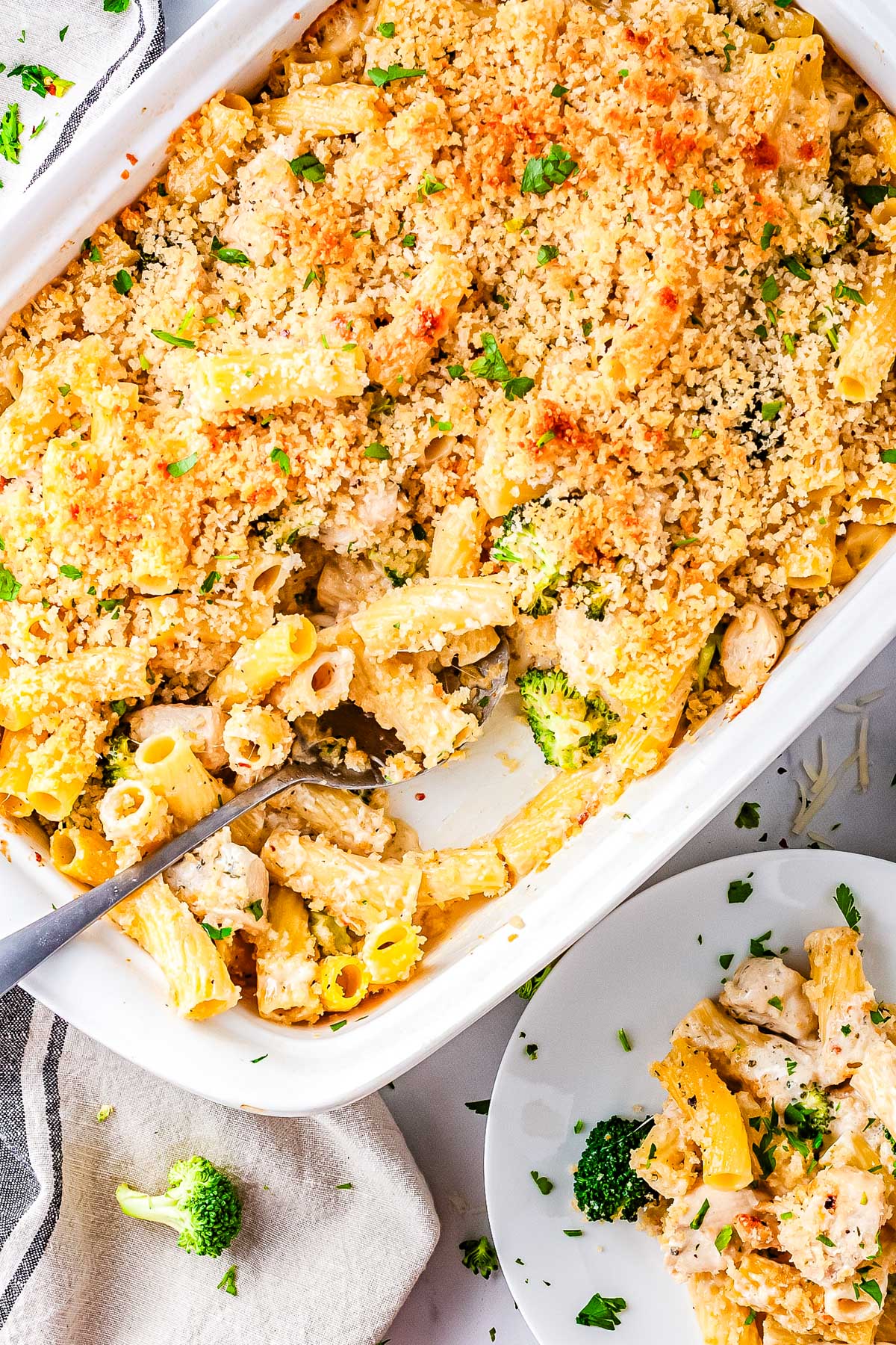 Alfredo chicken broccoli bake in a white baking dish topped with golden panko breadcrumbs and fresh parsley.