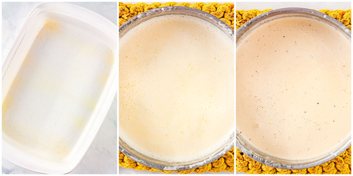 Collage showing greased baking dish and creamy homemade Alfredo sauce for chicken and broccoli alfredo bake.