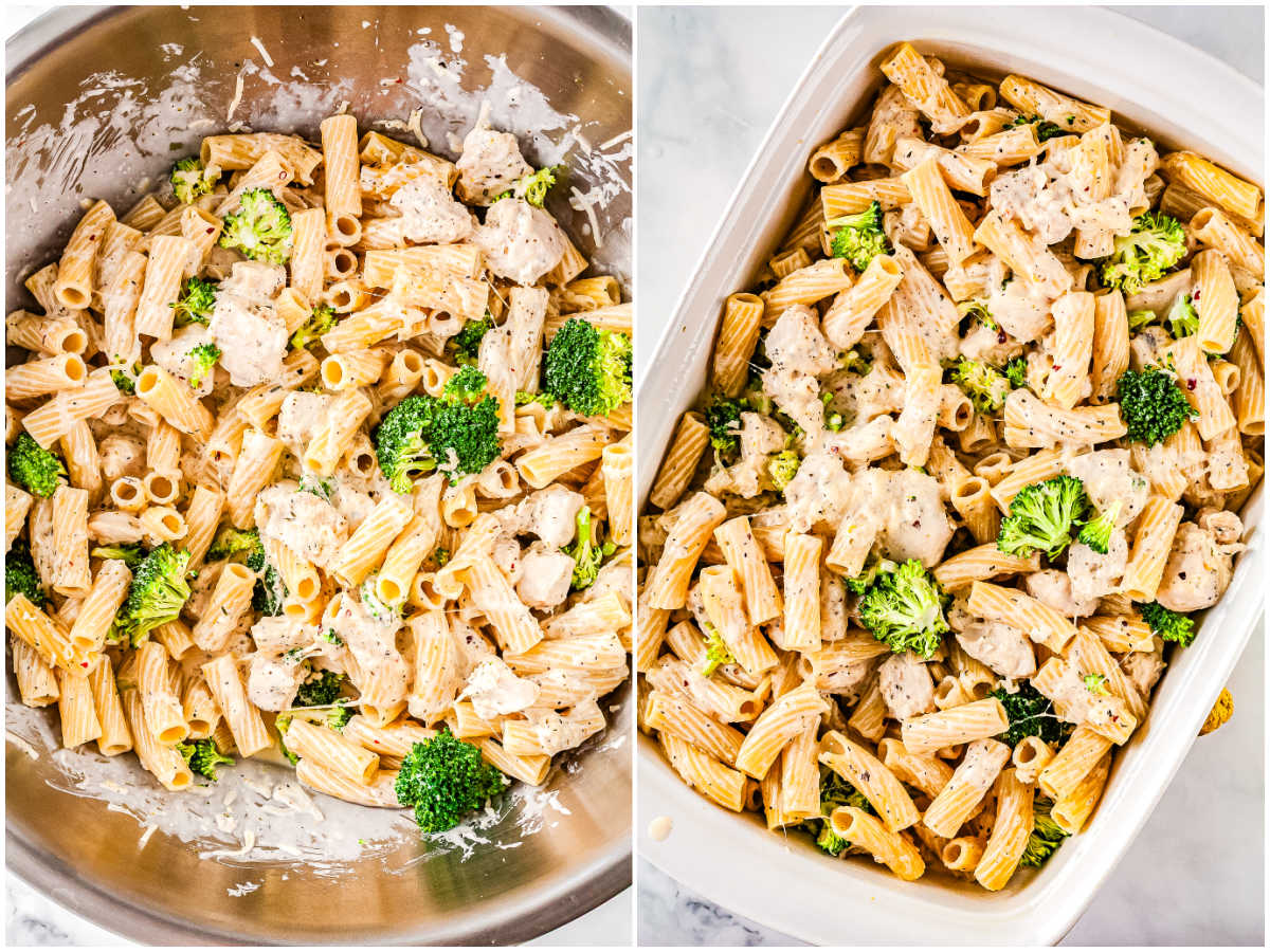 Chicken broccoli pasta mixed with Alfredo sauce in a bowl and transferred into baking dish before baking.