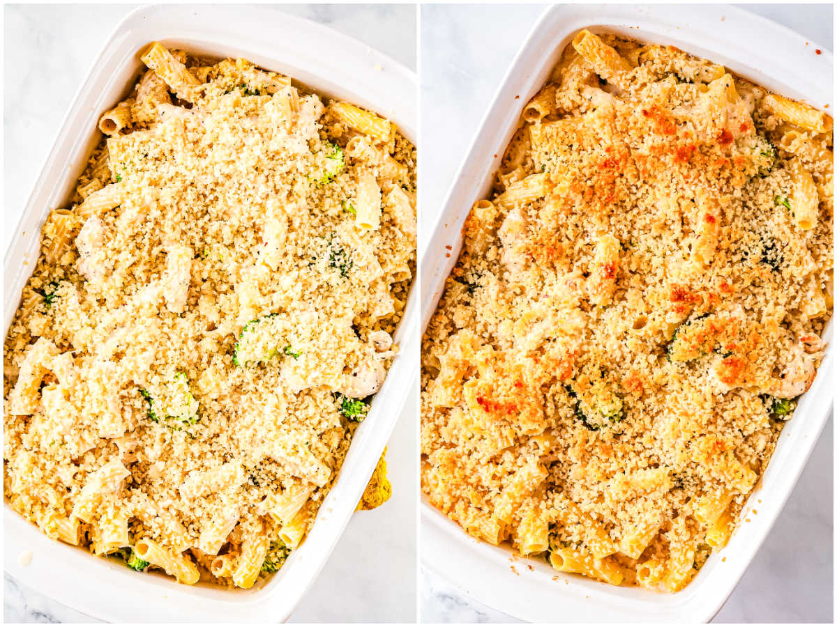 Chicken and broccoli alfredo bake before and after baking showing breadcrumb topping turning golden and crisp.