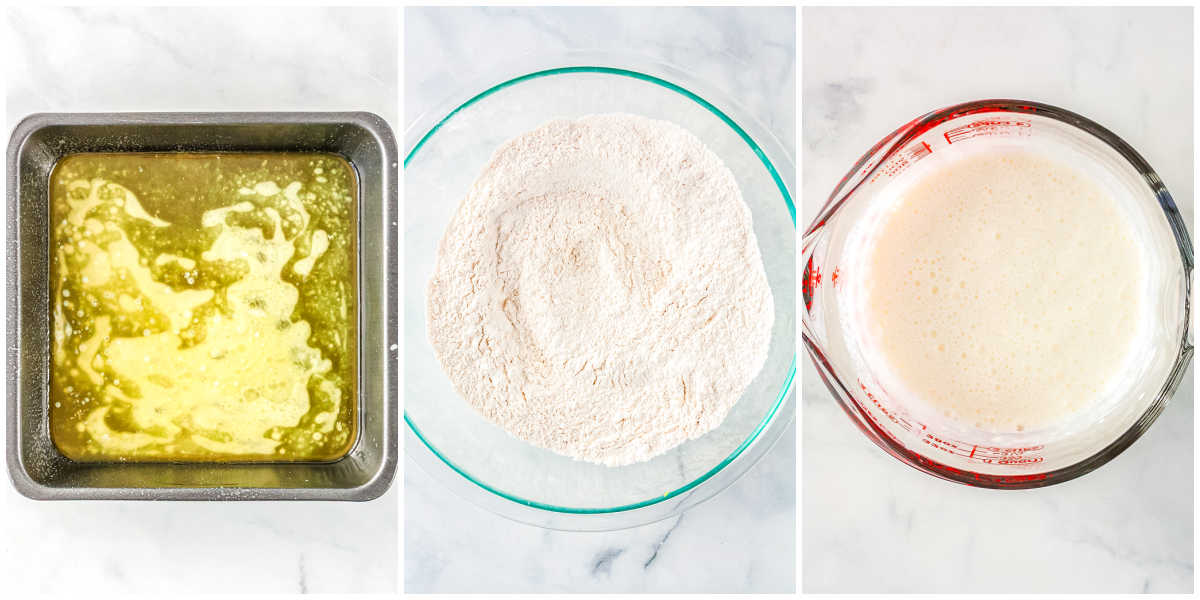 Process collage showing melted butter in a baking pan, dry ingredients in a mixing bowl, and buttermilk with sour cream mixed together.