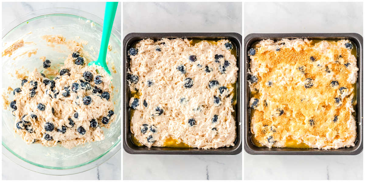 Process collage showing blueberry biscuit dough mixed with blueberries, dough spread into a buttered pan, and turbinado sugar sprinkled on top before baking.