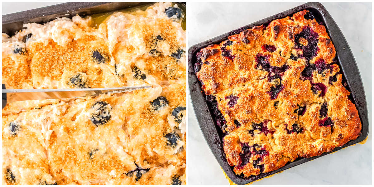 Process collage showing blueberry swim biscuits being cut before baking and the biscuits baked until golden brown.
