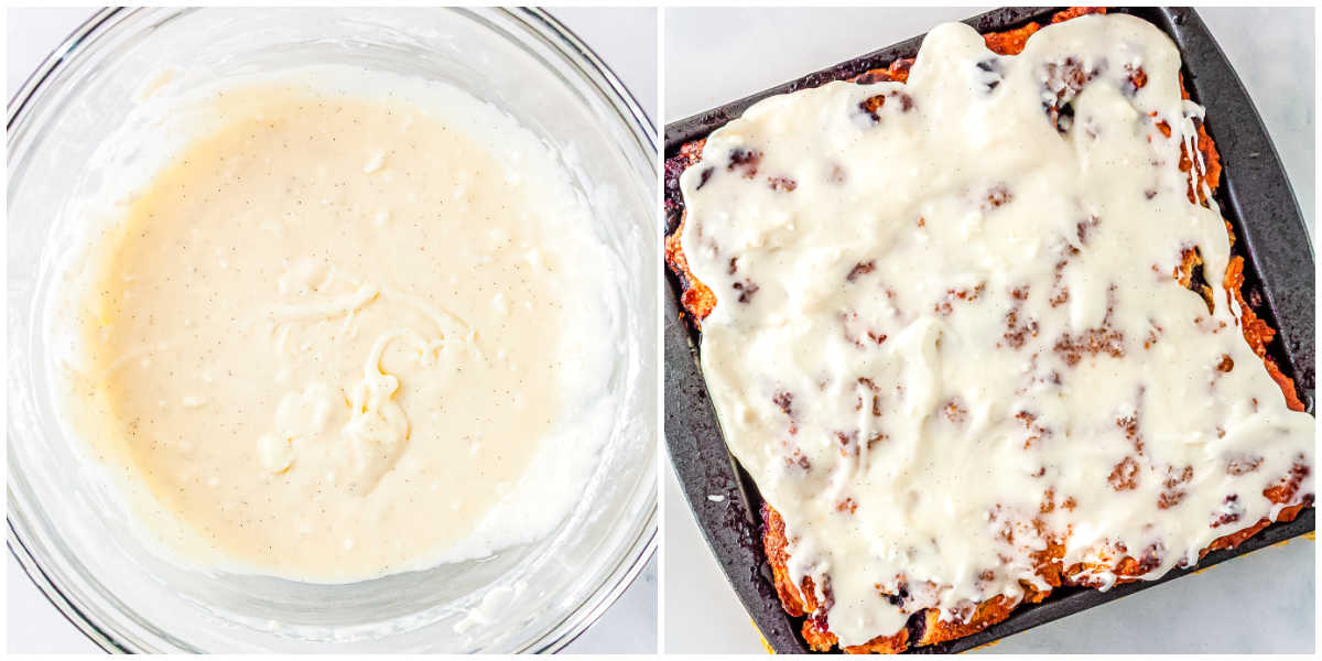 Process collage showing cream cheese icing mixed in a bowl and spread over baked blueberry swim biscuits.