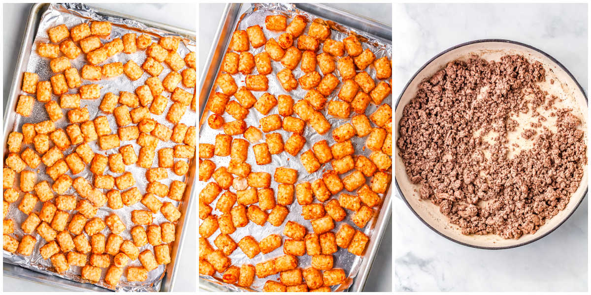 Crispy tater tots baking on a foil lined sheet pan before and after roasting, alongside a skillet of browned ground beef.