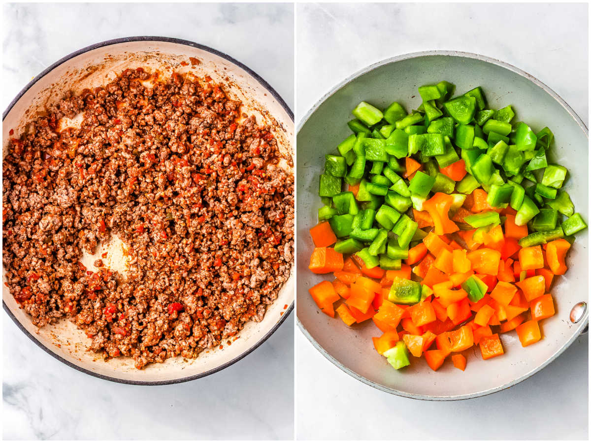 Seasoned taco ground beef cooking in a skillet next to a bowl of diced green and yellow bell peppers.