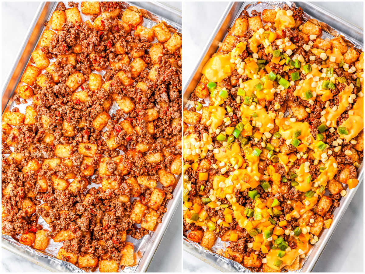 Crispy baked tater tots topped with seasoned beef, then layered with nacho cheese sauce, corn, and saut&eacute;ed bell peppers on a sheet pan.
