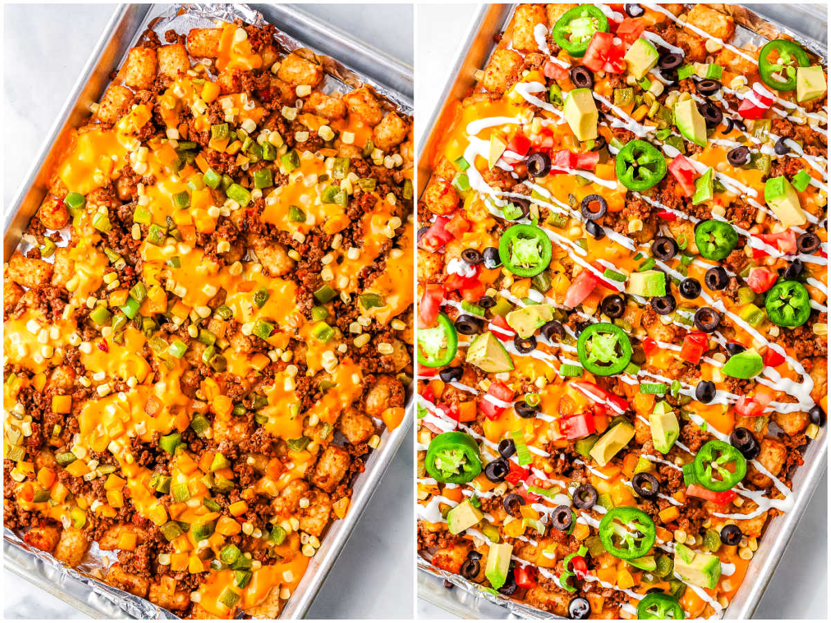 Loaded totchos on a baking sheet with melted nacho cheese, seasoned beef, corn, and peppers just before adding fresh toppings.