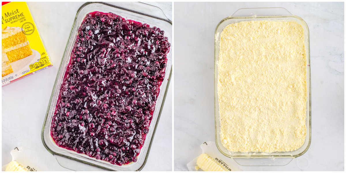 Step by step layering of blueberry pie filling and dry lemon cake mix in a baking dish for dump cake.