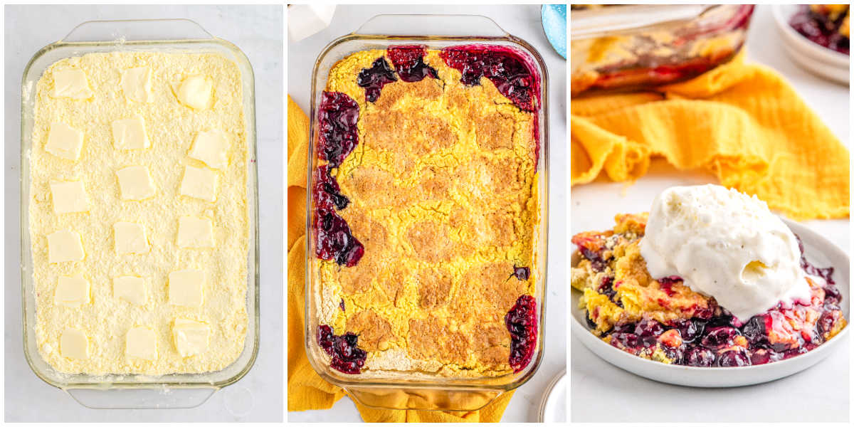 Sliced butter placed over cake mix before baking followed by golden baked blueberry lemon dump cake.