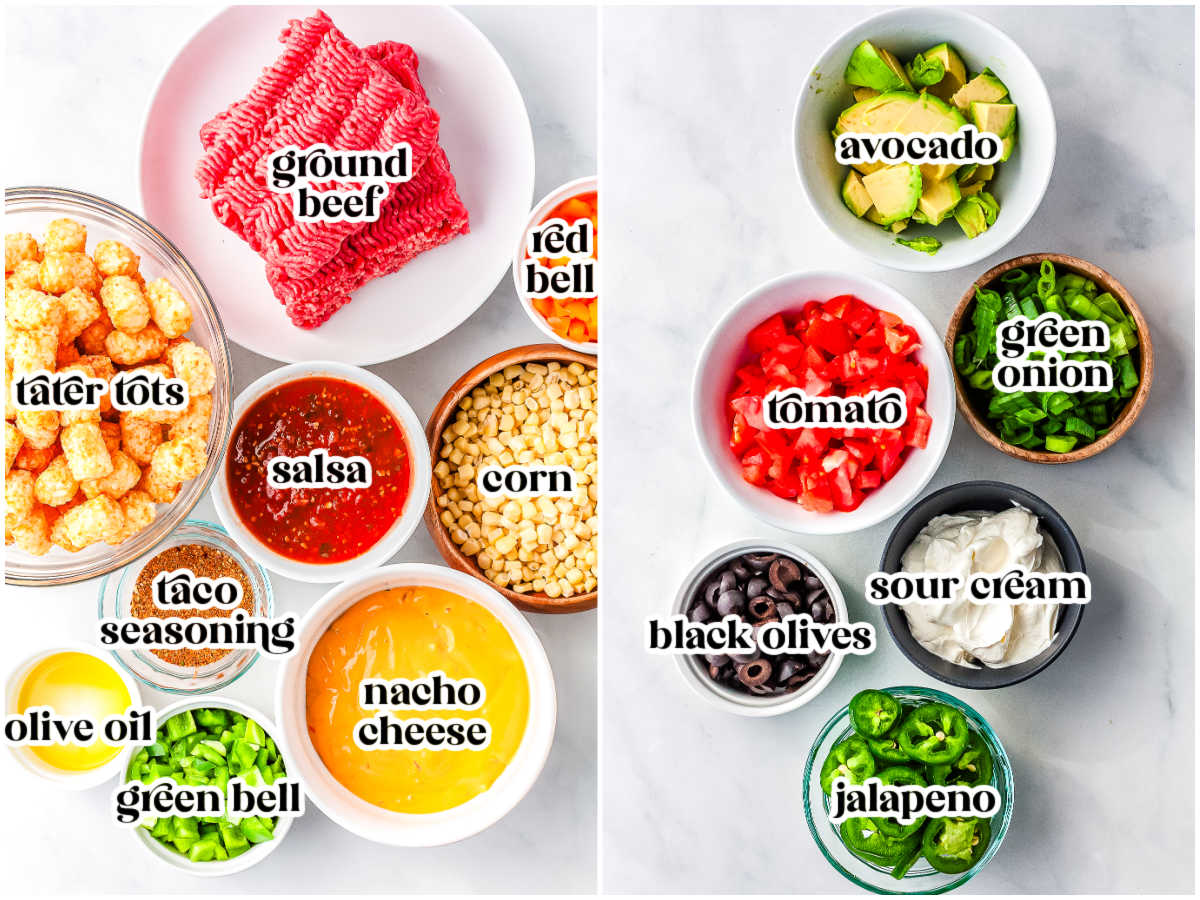 Ingredients for totchos including tater tots, ground beef, nacho cheese, salsa, taco seasoning, corn, bell peppers, and toppings like avocado and sour cream.