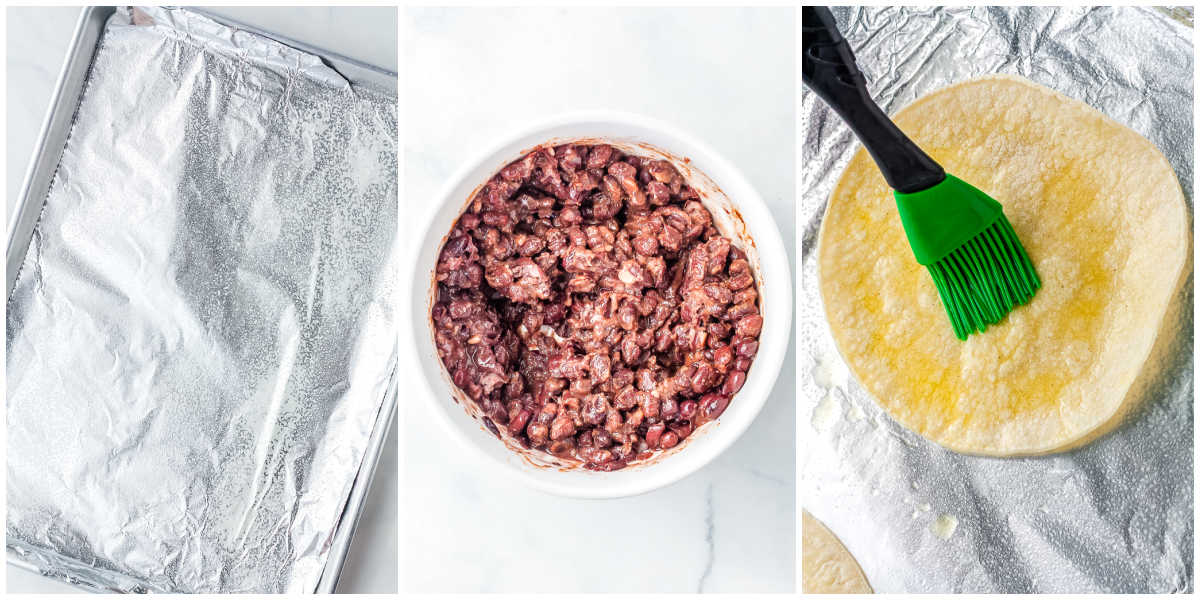 Step by step process showing foil lined baking sheet, mashed seasoned black beans, and corn tortillas brushed with oil.
