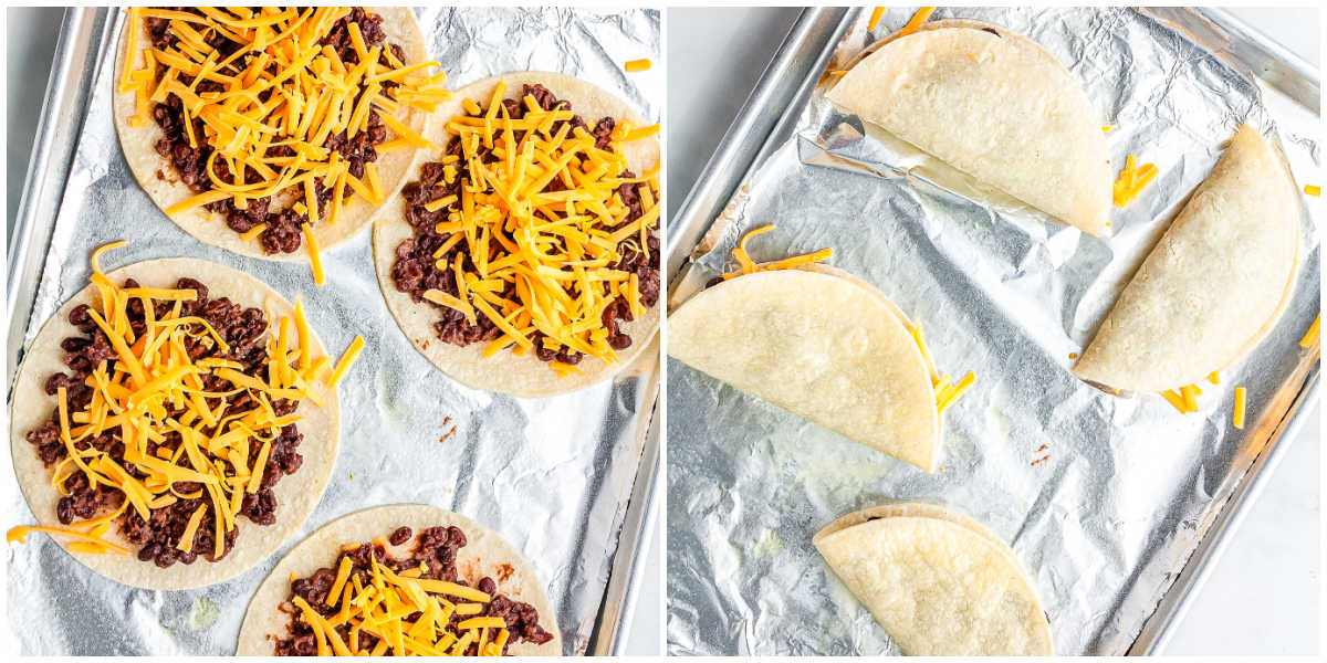 Corn tortillas filled with black bean mixture and shredded cheddar cheese before and after folding on a baking sheet.