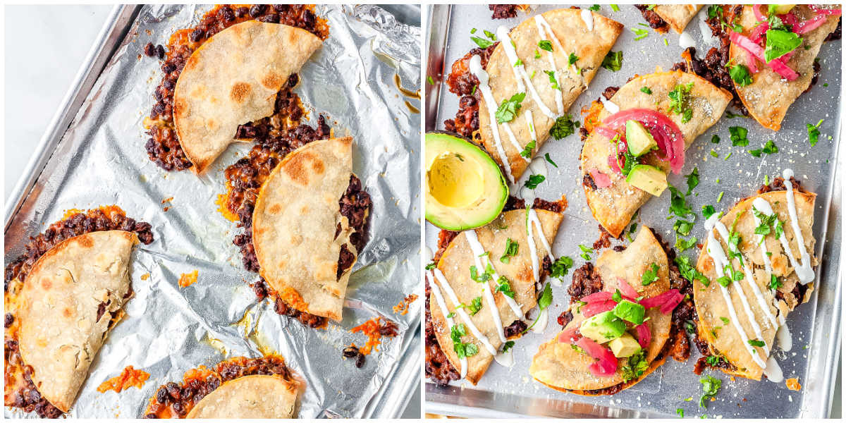 Side by side image of black bean tacos before baking and after baking until crispy and golden brown.