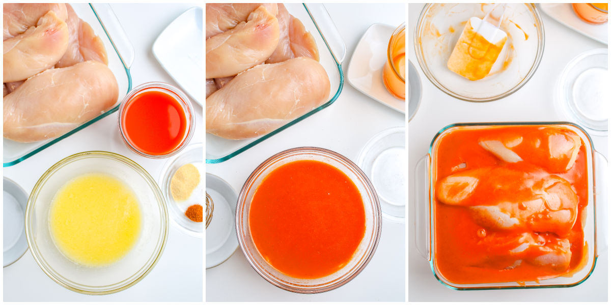 Step by step collage showing buffalo sauce preparation and chicken marinating in buffalo sauce.