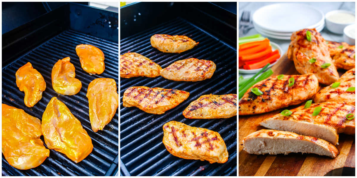 Step by step collage showing buffalo chicken grilling process from raw marinated chicken to finished sliced chicken breasts.
