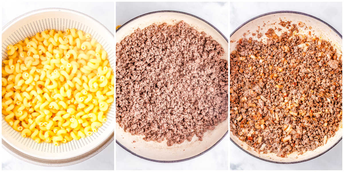Cooked cavatappi pasta draining in a colander next to browned ground beef and seasoned beef with onions in a skillet.