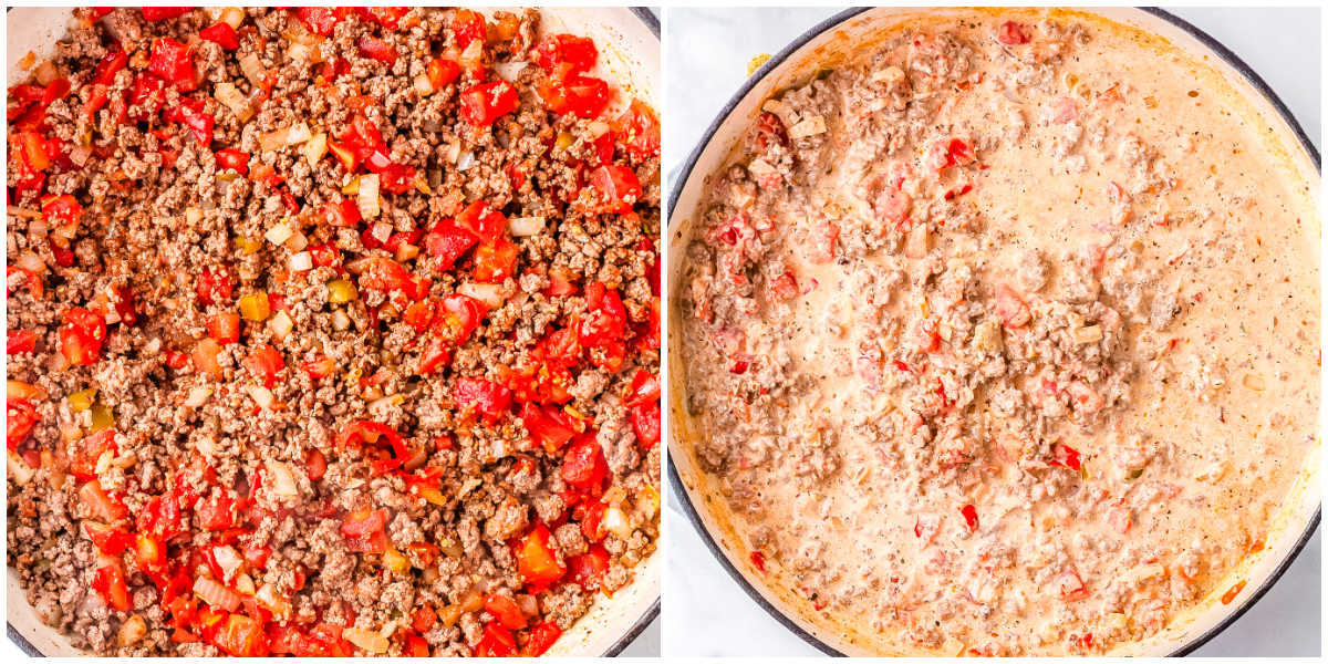 Ground beef and onions mixed with Rotel tomatoes and green chilies, then simmered with cream to create a rich sauce base.