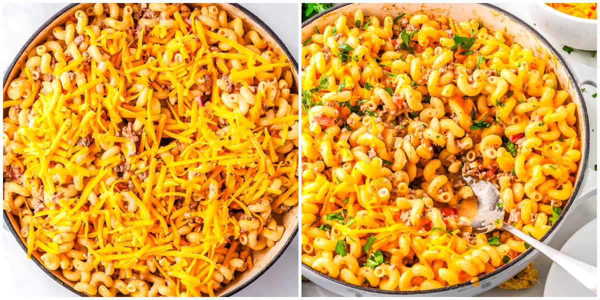 Cavatappi pasta tossed with beef mixture and topped with freshly shredded cheddar cheese before melting into a creamy sauce.