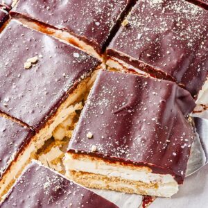 Overhead view of sliced chocolate eclair ice cream cake topped with chocolate ganache and graham cracker crumbs.