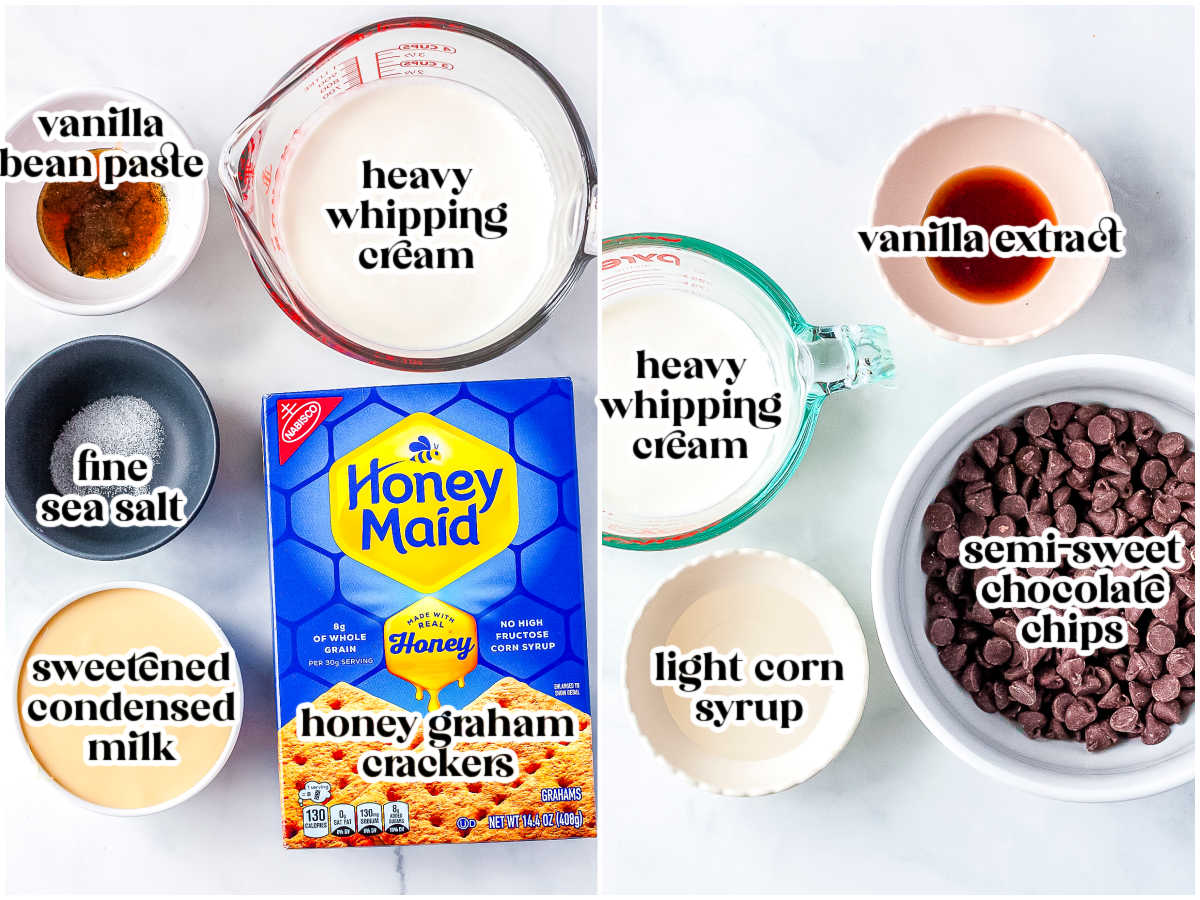 Ingredients for chocolate eclair ice cream cake including heavy whipping cream, sweetened condensed milk, vanilla bean paste, graham crackers, chocolate chips, vanilla extract, corn syrup, and sea salt.