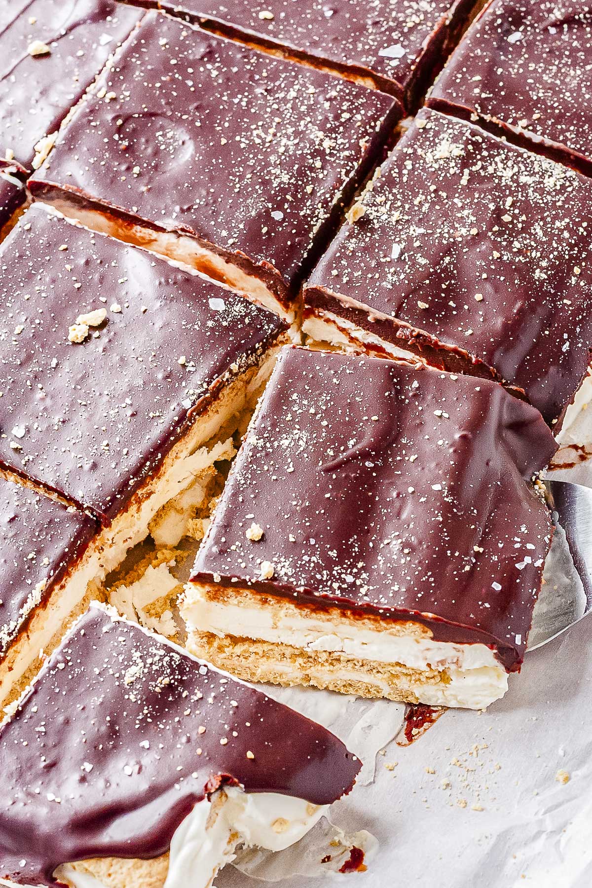 Overhead view of sliced chocolate eclair ice cream cake topped with chocolate ganache and graham cracker crumbs.
