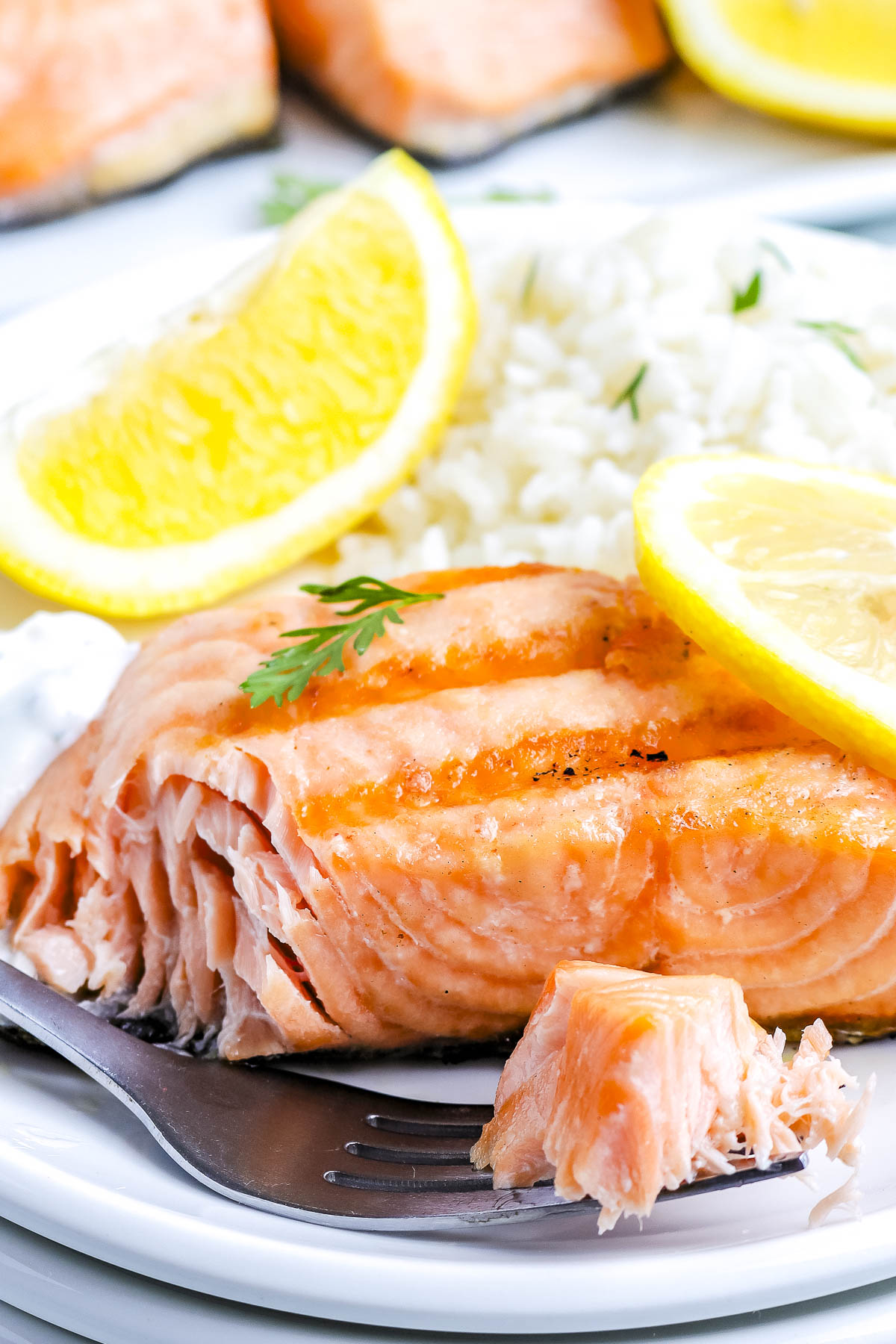 Grilled salmon fillet served with white rice, lemon wedges, and fresh herbs on a dinner plate.