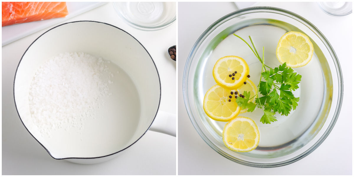 Preparing a salmon brine with dissolved sea salt, water, lemon slices, parsley, and whole peppercorns.