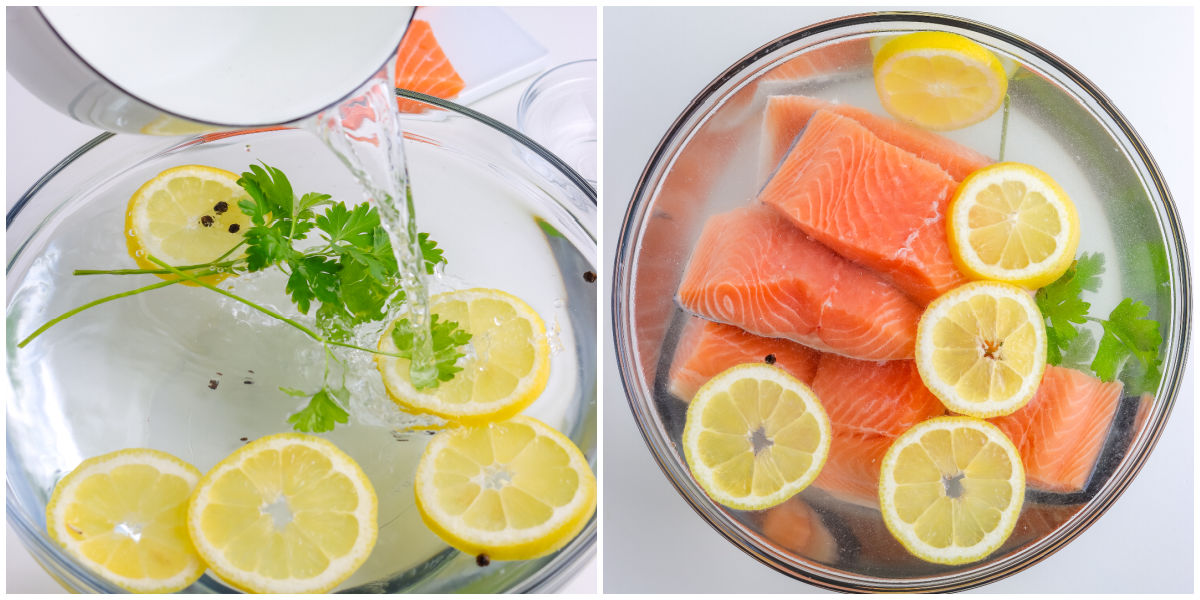 Adding saltwater brine to lemon and herbs, then soaking salmon fillets in the cooled brine.