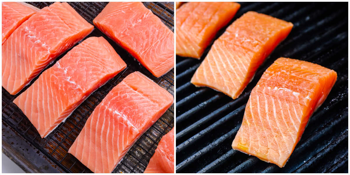 Brined salmon fillets, prepared for grilling, cooking on hot grill grates.