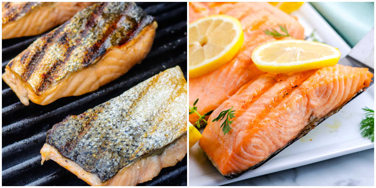 Grilled salmon with crispy skin, finished on the grill, served with lemon wedges and fresh herbs.