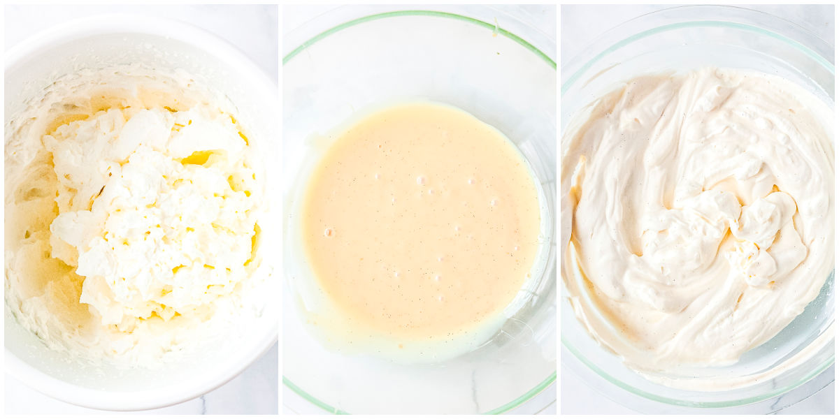 Step by step process showing whipped cream, vanilla bean condensed milk mixture, and folded no churn ice cream filling.