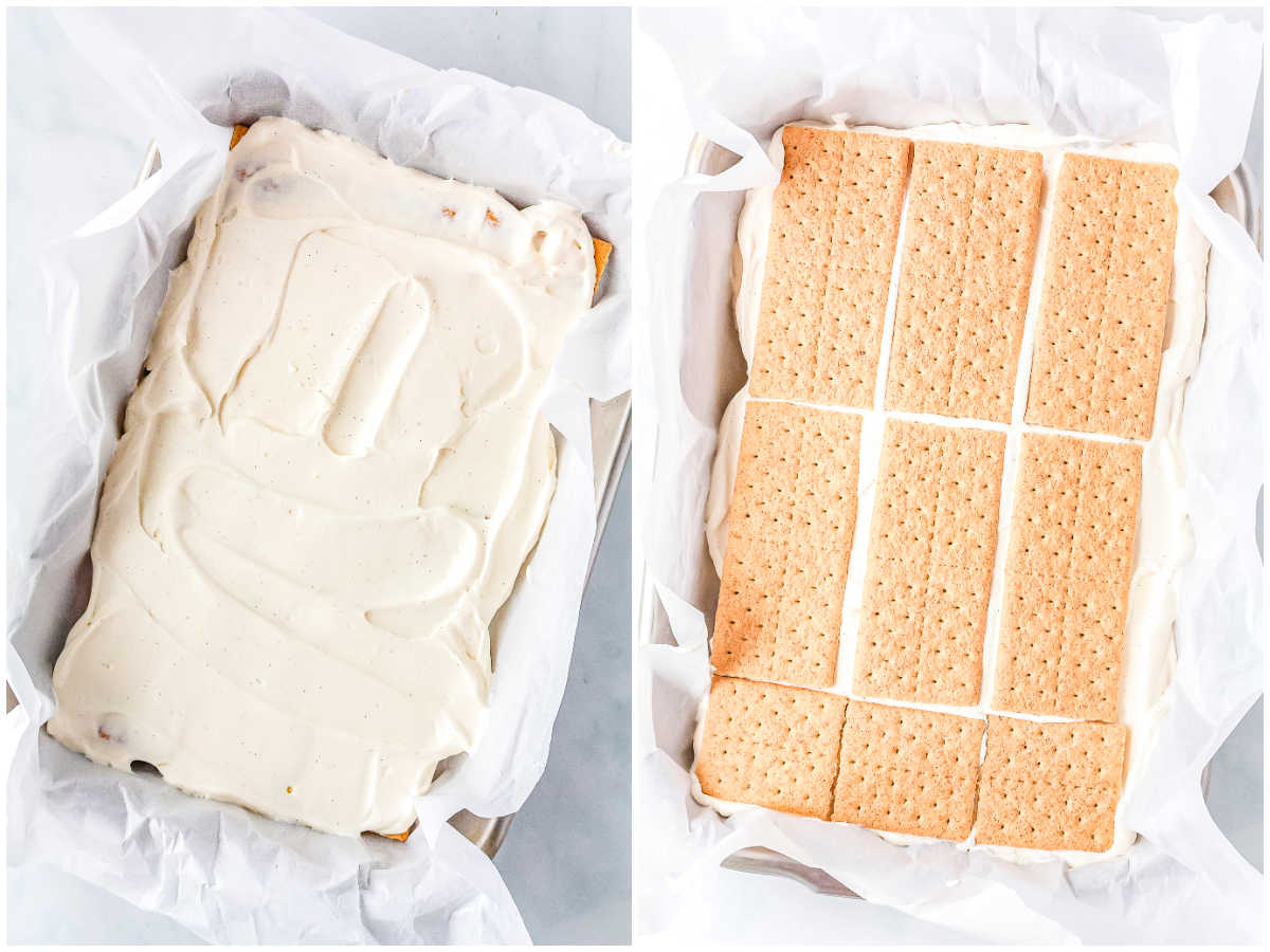 No churn vanilla bean ice cream mixture spread over graham crackers with the second graham cracker layer added on top.