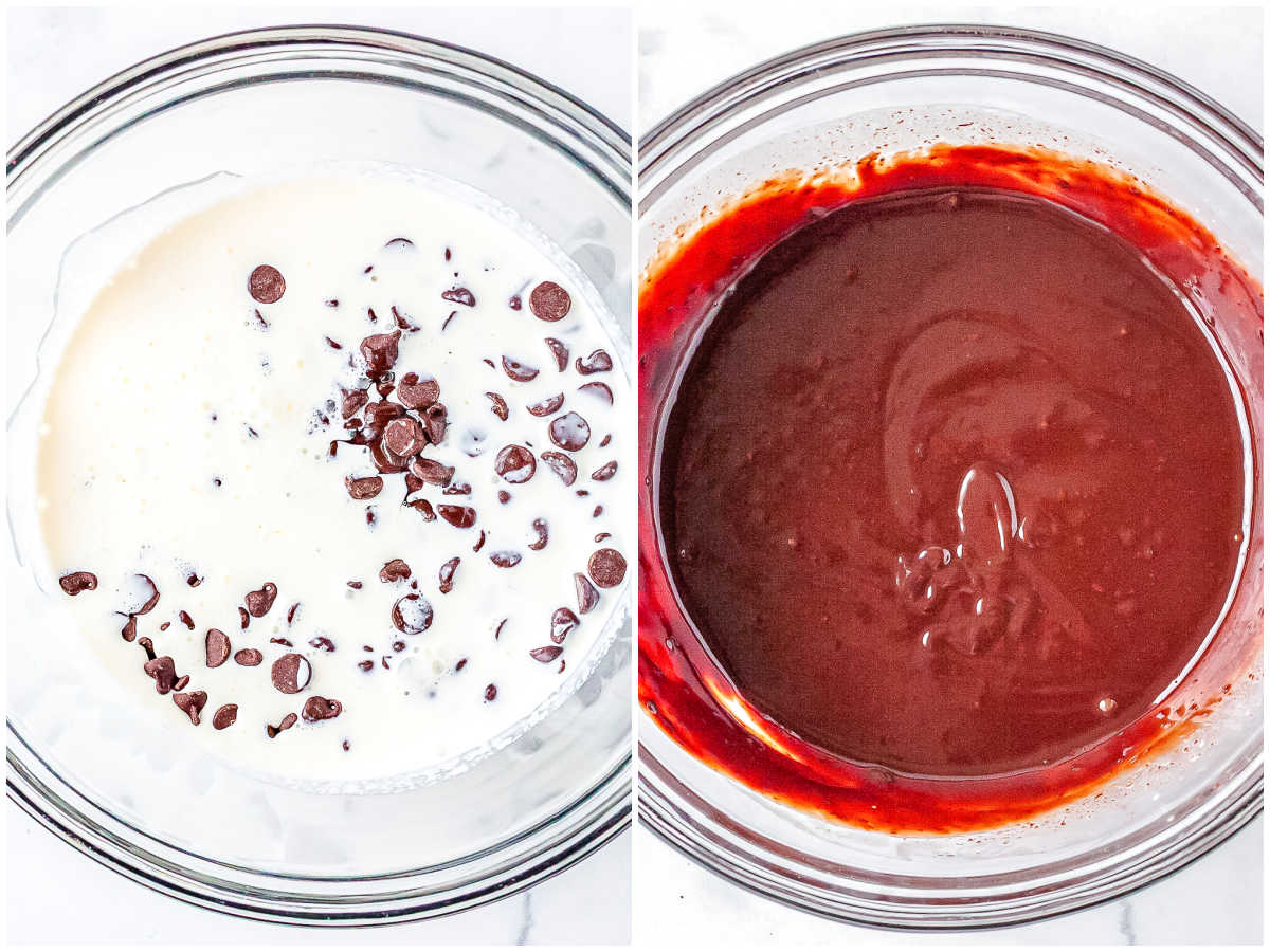 Chocolate ganache spread over the top layer of graham crackers before freezing the eclair ice cream cake.