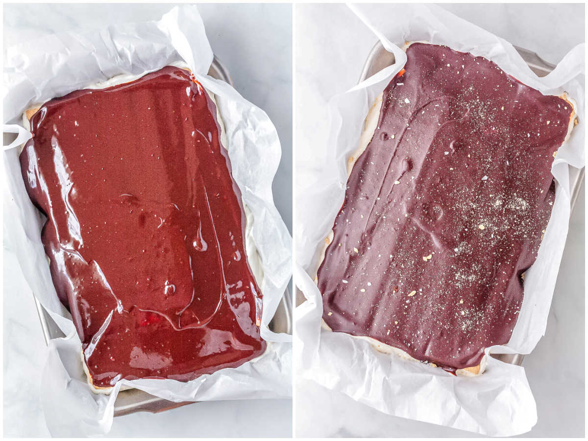 Finished chocolate eclair ice cream cake cut into squares with a plated slice showing creamy frozen layers.