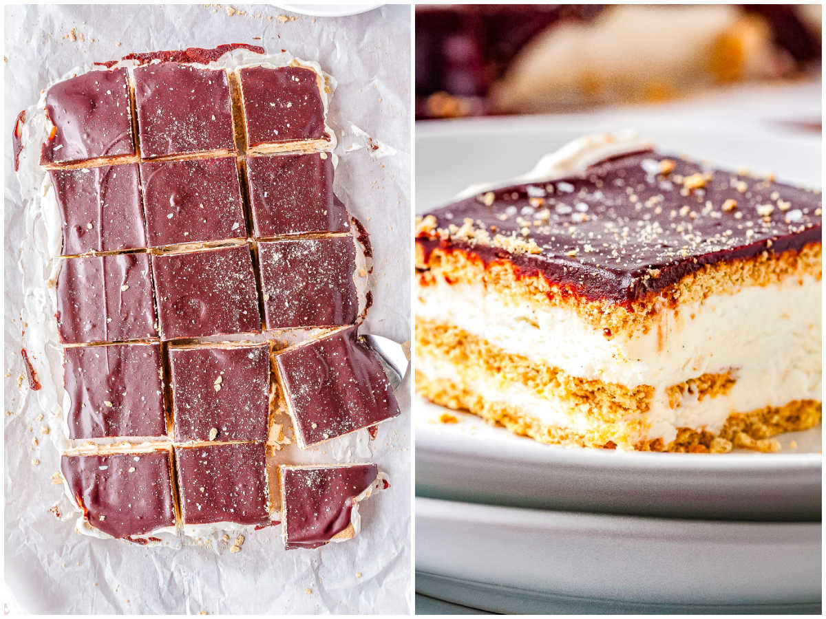 Thick slice of chocolate eclair ice cream cake with soft graham cracker layers and creamy vanilla bean filling.