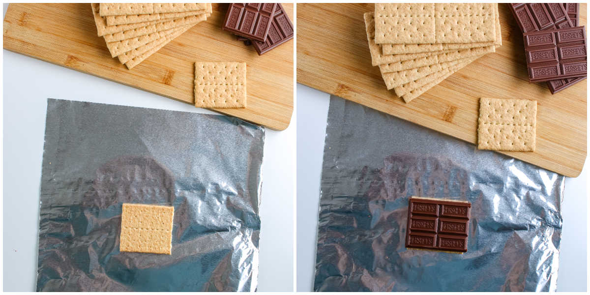 Step by step process showing a graham cracker placed on foil and topped with a piece of chocolate for grilled s'mores.