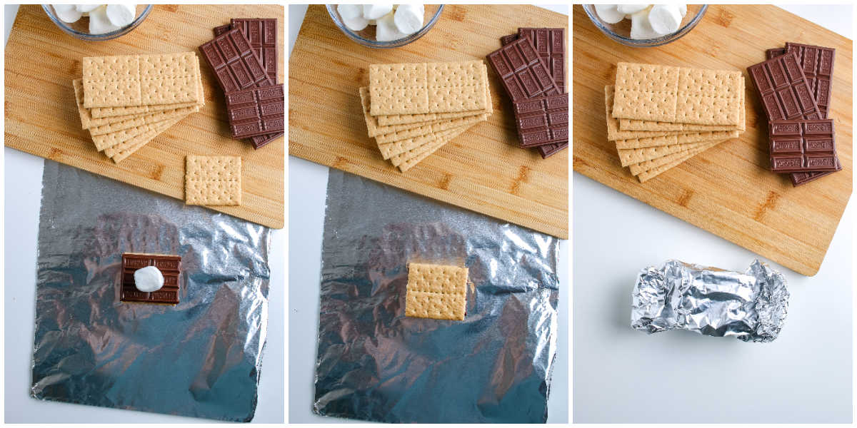 Step by step process of assembling grilled s'mores with chocolate and marshmallows before wrapping in foil.