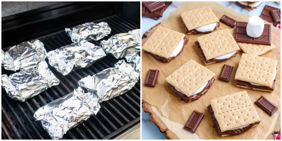 Foil wrapped grilled s'mores cooking on a grill next to finished chocolate and marshmallow s'mores ready to serve.