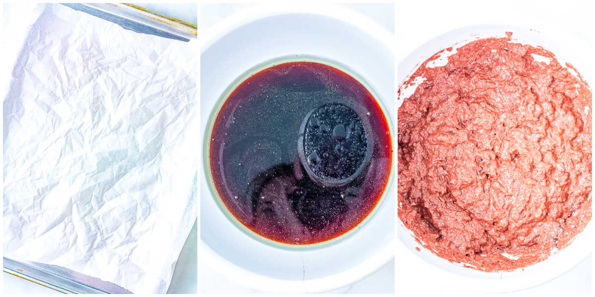 Step by step process photos showing parchment lined baking sheets, molasses and honey mixture, and homemade Outback bread dough mixed in a bowl.