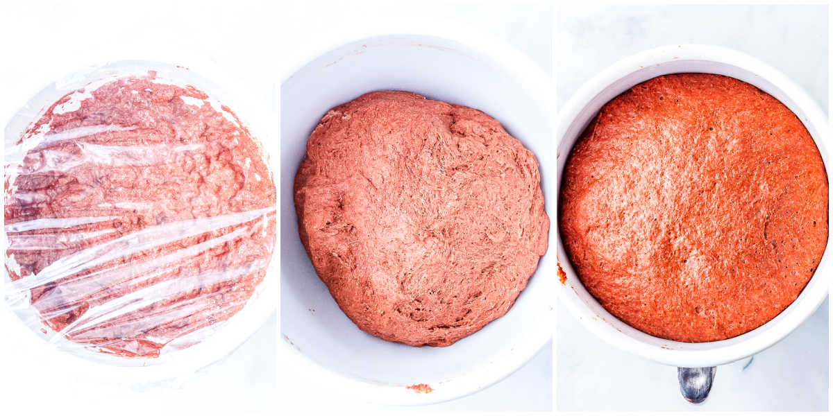 Step by step images of homemade Outback bread dough covered and rising in a bowl until doubled in size before shaping.